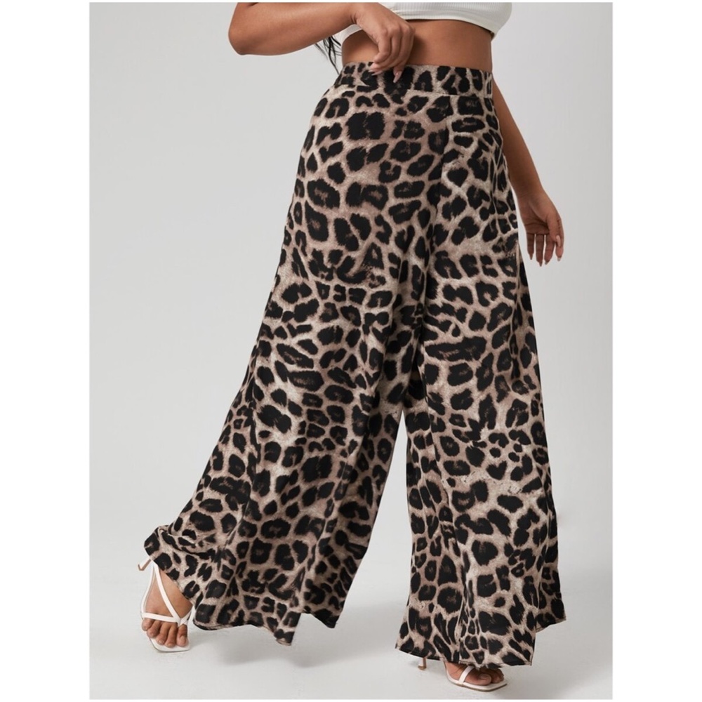 PLUS SIZE leopard print wide leg palazzo pants tan - Picture 1 of 4